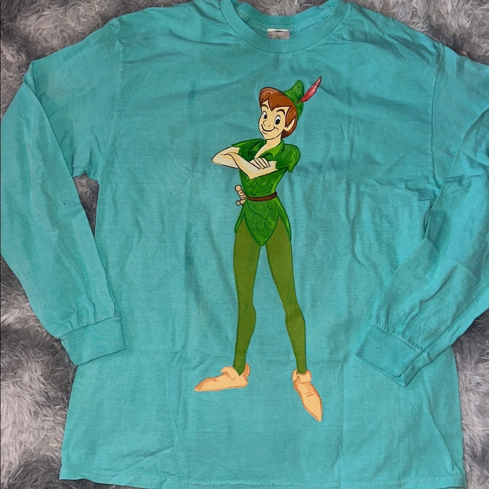 Disney Peter Pan Teal Blue Long Sleeve Shirt Graphic 100% Cotton - NWOT Large